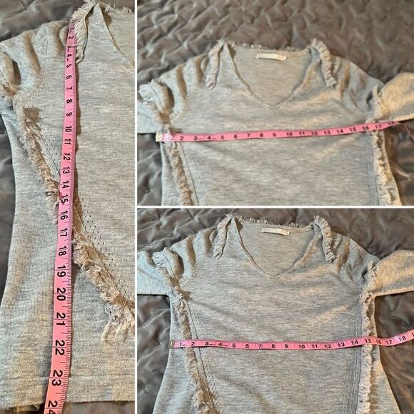 One Grey Day Long Sleeve VNeck Fringe Trim Wool Blend Sweater Lightweight Gray M - Picture 10 of 11